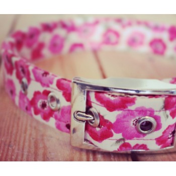 Pink Poppies on White Fabric Dog Collar