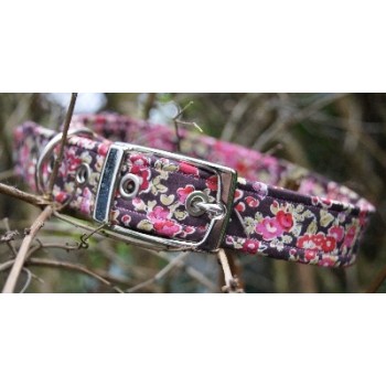 Red Blossom on Brown Fabric Dog Collar