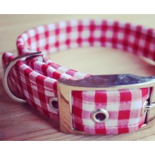 Red and White Gingham Fabric Dog Collar